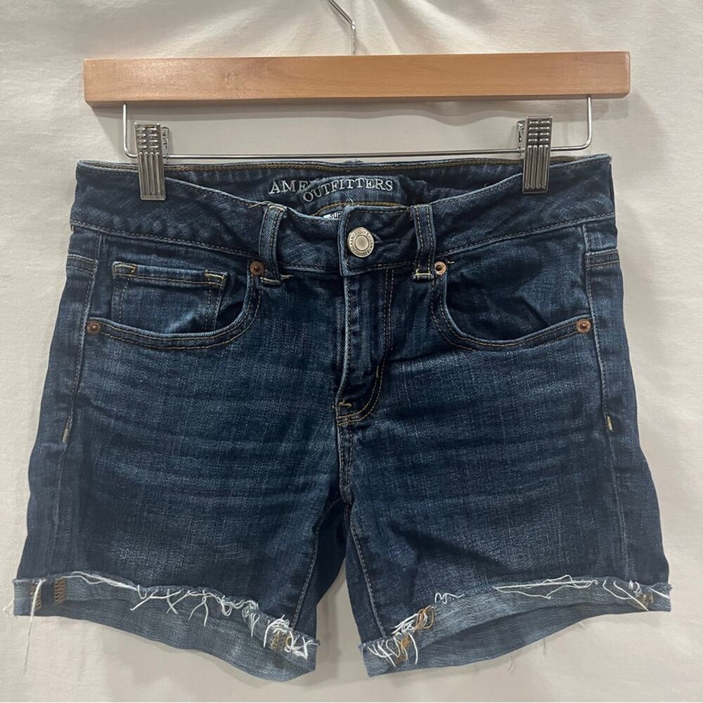 American Eagle Denim Shorts Womens Size 4 Super Stretch Midi Dark Wash Raw Hem